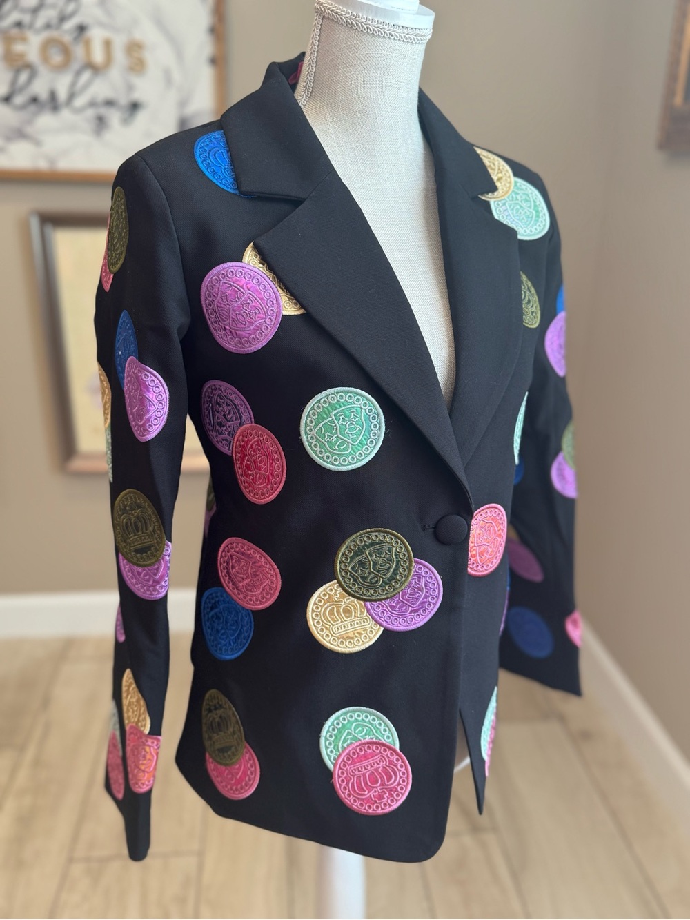 New! QUEEN OF SPARKLES Black Multicolor Doubloon Icon Blazer XS/S